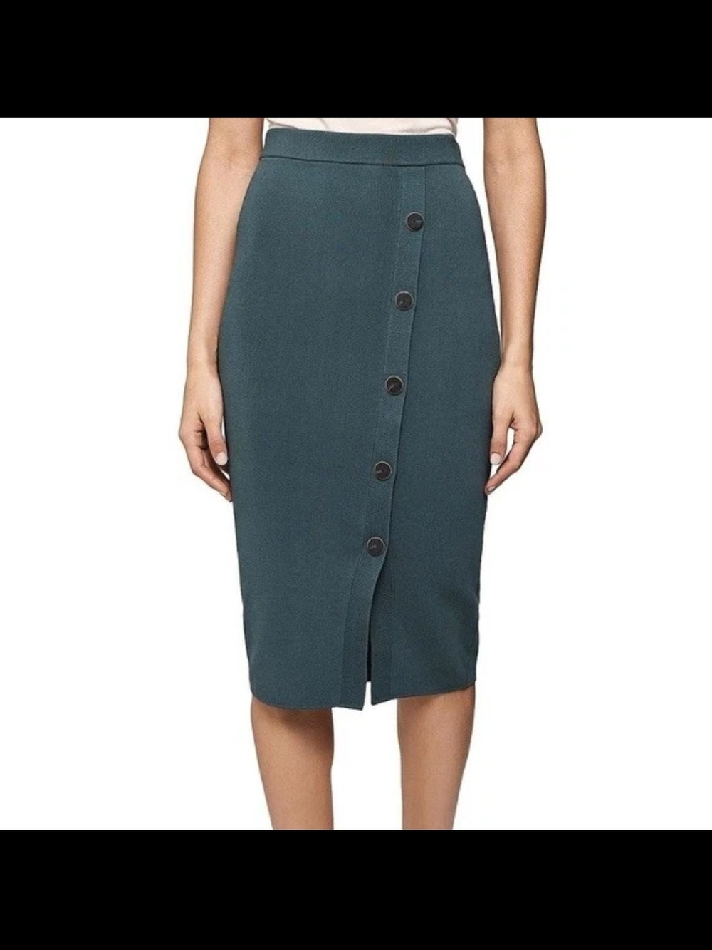 Reiss | Hatty Skirt | Dark Green Faux Button-Front Pencil Skirt - Picture 8 of 9